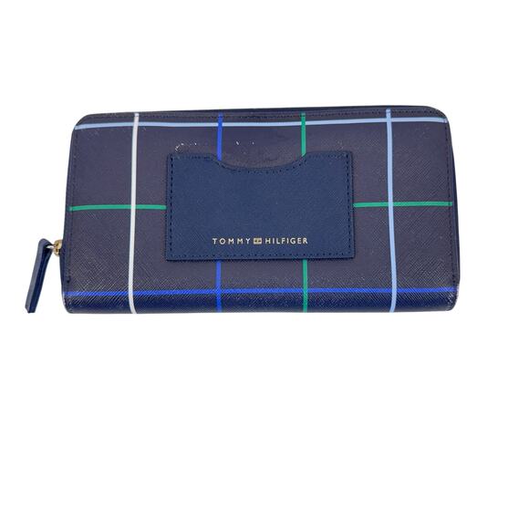 Tommy Hilfiger Navy Plaid Zip Around Wallet Checkbook Style Organizer 8x4.5” - Picture 1 of 8